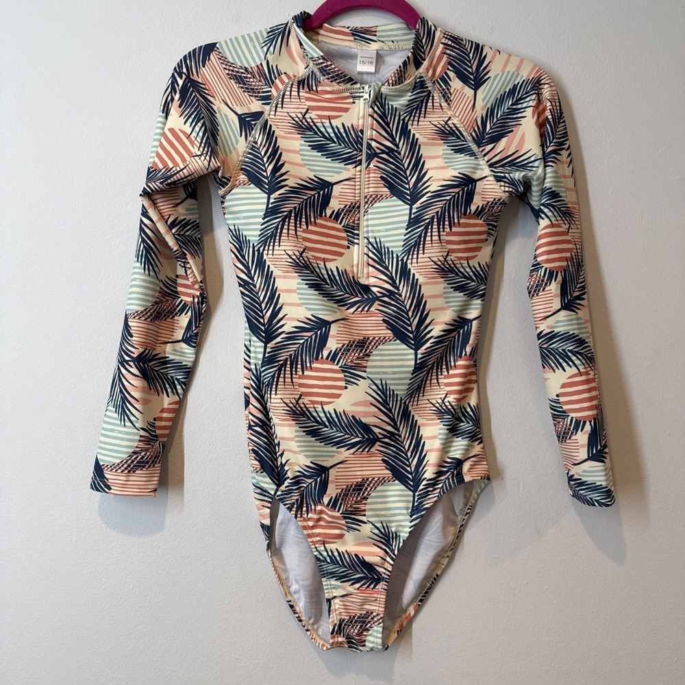 Tropical Chic, Coastal Vibe, Long Sleeve Sun Shirt Swimsuit, Junior Large